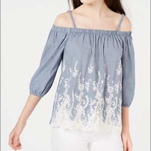 BCX Blue White Embroidered Off The Shoulder Floral Blouse Sz XXS NWT